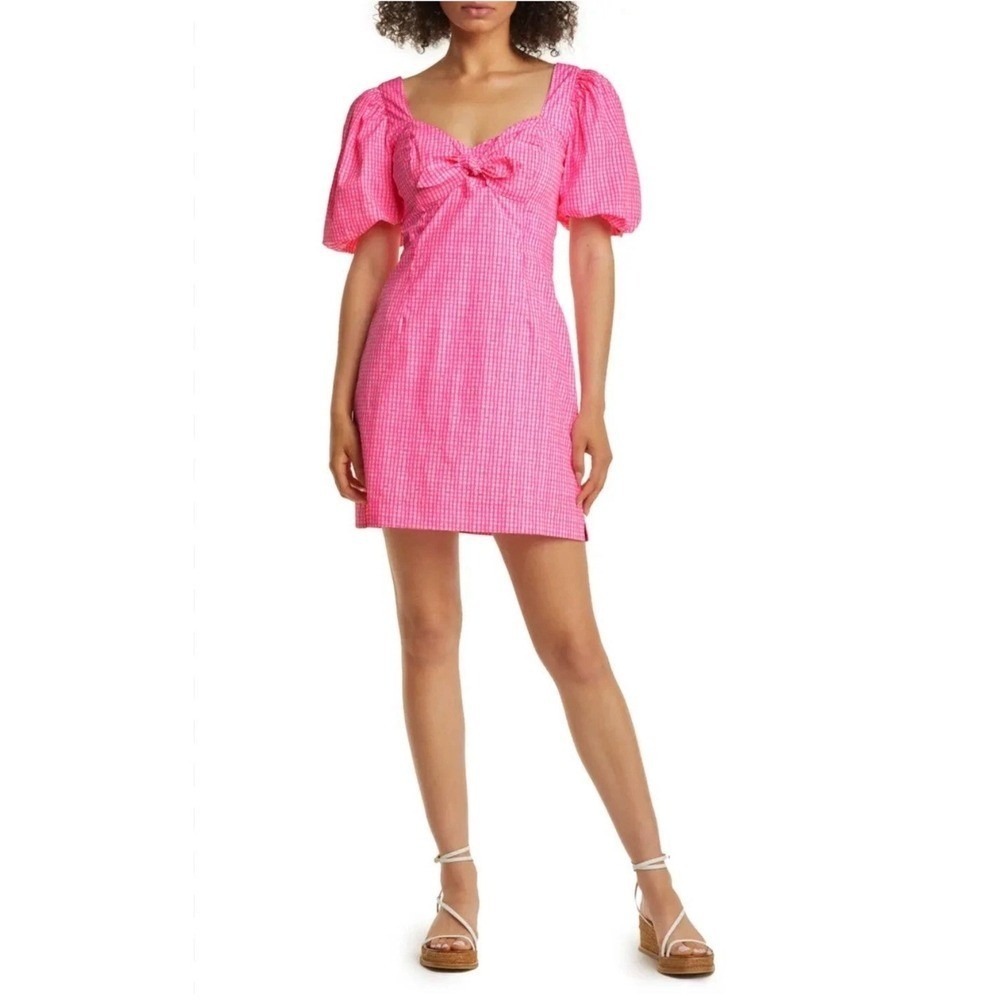 Lilly Pulitzer Gingham Mini Dress Women 8 Pink Excellent Puff Sleeve Tie Front